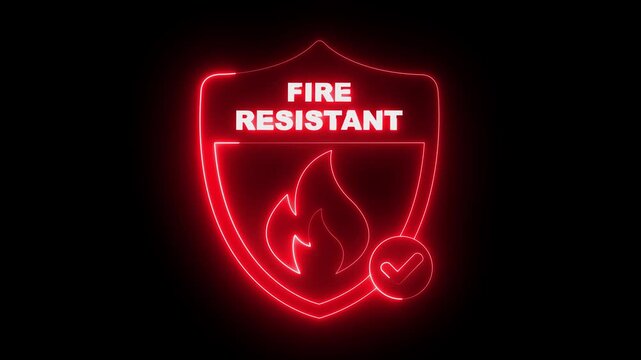 glowing neon fire resistant icon isolated on black background. Fire safety shield icon animation. flame, fireproof. Regulatory compliance. 4k video animation.