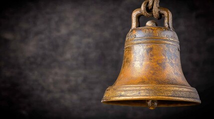 Obraz premium Vintage Bronze Bell Hanging on a Rustic Background with Textured Surface and Subtle Lighting Effects