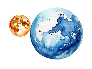 Fototapeta premium Watercolor illustration of the moon and the earth, ideal for designs related to space, environment or astronomy
