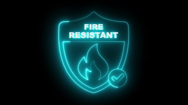 glowing neon fire resistant icon isolated on black background. Fire safety shield icon animation. flame, fireproof. Regulatory compliance. 4k video animation.