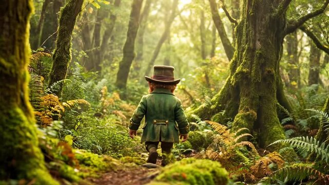 Leprechaun walking through a magical green forest. Irish folklore character exploring a sunlit woodland. St. Patrick's Day fantasy concept