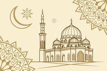 Intricate illustration of a mosque with crescent moon and stars isolated on transparent background, isolated on white background, Vector