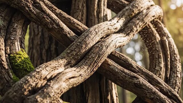 Intertwined ancient tree trunks forming a natural knot-like structure in a misty forest.