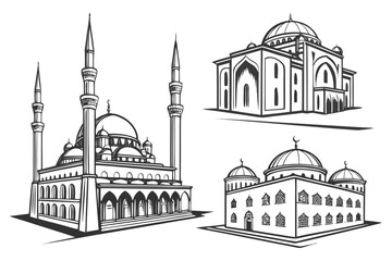 Intricate architectural drawings of various mosques and their minarets isolated on transparent background, isolated on white background, Vector