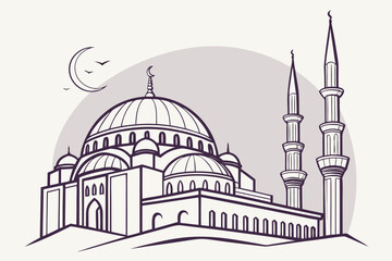 Historic mosque with intricate architecture and minarets under a crescent moon. isolated on transparent background, isolated on white background, Vector