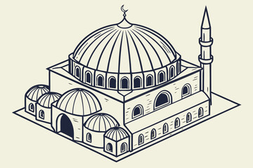 Intricate architectural drawing of a mosque with a large dome and minarets isolated on transparent background, isolated on white background, Vector