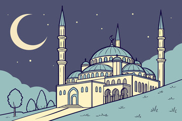 A serene mosque under the moonlight with two minarets and a crescent moon. isolated on transparent background, isolated on white background, Vector