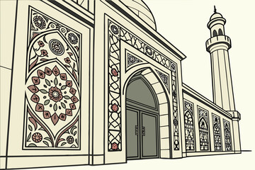 Intricate geometric patterns adorn the facade of an ancient mosque. isolated on transparent background, isolated on white background, Vector