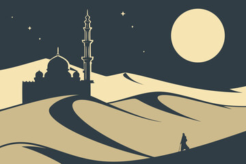 A serene desert landscape with a mosque under the moonlight, showcasing the beauty of architecture. isolated on transparent background, isolated on white background, Vector