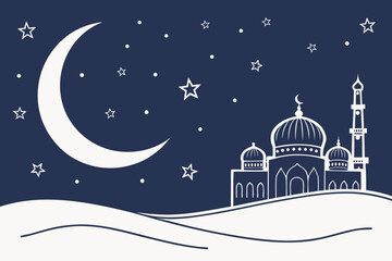 A serene night scene featuring a mosque under a starry sky and a crescent moon isolated on transparent background, isolated on white background, Vector