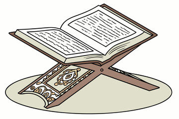 An open book resting on a wooden stand with a cup of coffee beside it. isolated on transparent background, isolated on white background, Vector