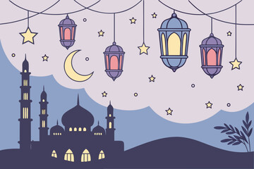 A serene night scene with a mosque and crescent moon lanterns isolated on transparent background, isolated on white background, Vector