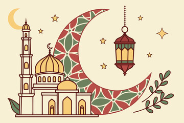 Colorful mosque and crescent moon with hanging lanterns in a festive setting isolated on transparent background, isolated on white background, Vector