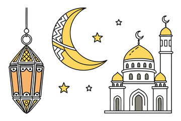 A serene night scene with a mosque, crescent moon, and lantern isolated on transparent background, isolated on white background, Vector
