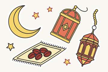 A vibrant illustration of a crescent moon, lanterns, and sweets celebrating eid al fitr isolated on transparent background, isolated on white background, Vector