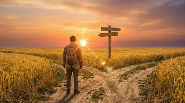 Man at crossroads at sunset, direction choice, travel adventure, golden hour journey crossroads, path, choice.