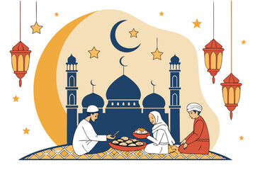 Vibrant illustration of eid celebration with mosque, moon, and festive decorations. isolated on transparent background, isolated on white background, Vector
