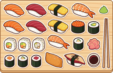 Cute Sushi Set Vector Sticker. Salmon, tuna, shrimp nigiri and maki roll on wooden board collection  © Kira