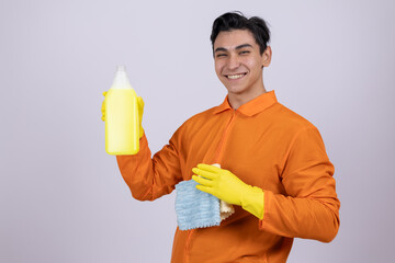 Cheerful handyman holding glue bottle and cleaning sponge