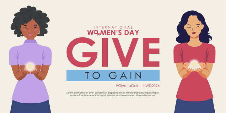 Give to Gain Women Solidarity Illustration for International Women&rsquo;s Day 2026. Diverse women hold light to symbolize give to gain. Best for IWD 2026 poster, greeting, campaign, solidarity. 