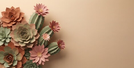 Paper art succulents and cacti with pink blooms create a charming botanical display on a minimalist beige background, offering ample copy space.