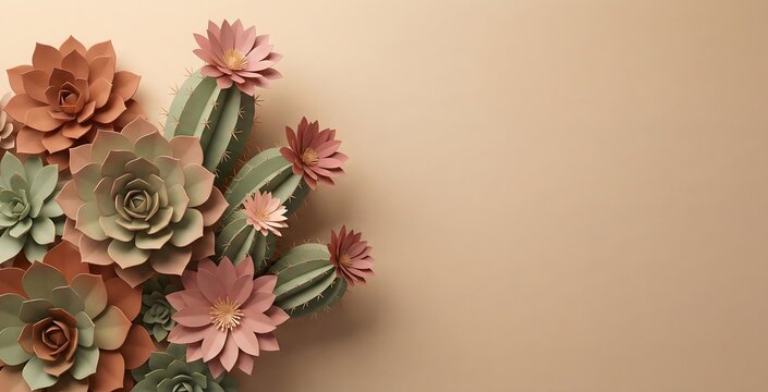 Paper art succulents and cacti with pink blooms create a charming botanical display on a minimalist beige background, offering ample copy space.