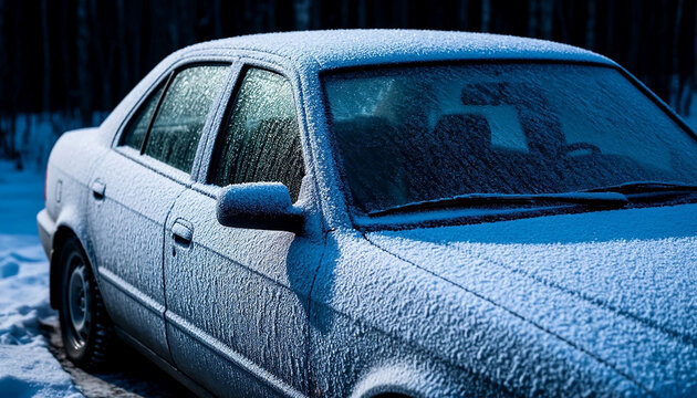 Side view of frost-covered sedan in snowy forest, intricate ice patterns on windows and body. Winter morning scene, cold climate, automotive texture. High-resolution, natural light, seasonal backdrop 