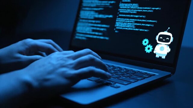 Software Developer Coding on Laptop with Artificial Intelligence Chatbot Icon and Blue Tech Interface in a Dark Digital Environment for Future Innovation