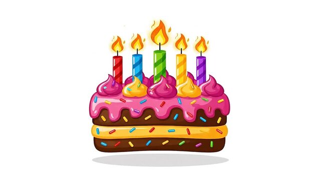 Animated 2D object of a birthday cake with lit candles. A cheerful birthday dessert bouncing in a flat cartoon style, presented in 4K video