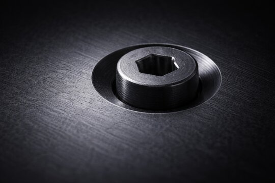 Macro image of a metallic hex socket bolt embedded in a brushed dark surface, emphasizing industrial design, mechanical precision, and strength in engineering.