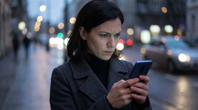 Woman looking at phone with suspicion on city street at dusk  