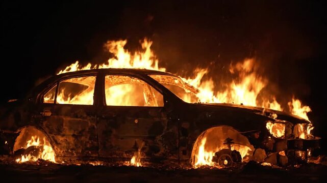 Dramatic Cinematic Scene of a Passenger Car Engulfed in Intense Fire and Flames During Nighttime Emergency Accident Incident