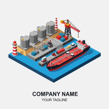 Isometric Illustration of Industrial Oil Refinery Facility.