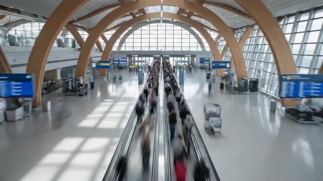 Travelers Move Through a Busy Airport Terminal During Peak Hours in the Early Evening