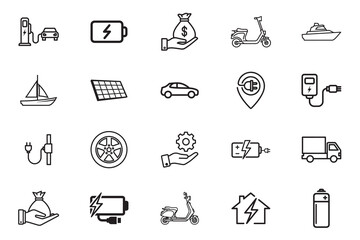 Fototapeta premium Electric vehicle or transport web line art Icon Set. Electric car charge, battery, charging station, solar panel, range, electric scooter, collection. Vector illustration