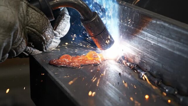 Close-up of a welder's gloved hand using a MIG torch to weld metal with sparks flying