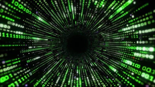 Green binary code tunnel in digital matrix style. 3D abstract cyberspace data flow background.