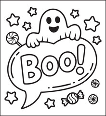 Happy Halloween greeting texts boo with ornate decorated coloring page for kids, Black line art vector illustration holiday activities