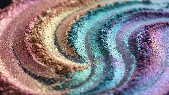 Colorful swirls of shimmering cosmetic powder in shades of pink, gold, and blue arranged artistically on a dark surface, showcasing a vibrant gradient effect