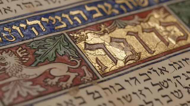 Close up of an ancient illuminated Hebrew manuscript with golden text and ornate details, representing Jewish heritage concept and religious tradition
