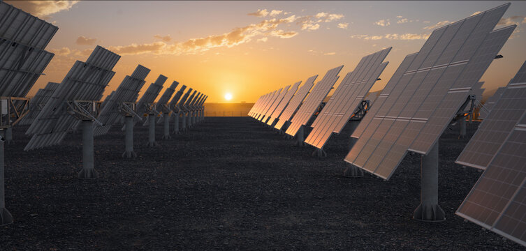 Solar panels with solar tracker  at sunset
