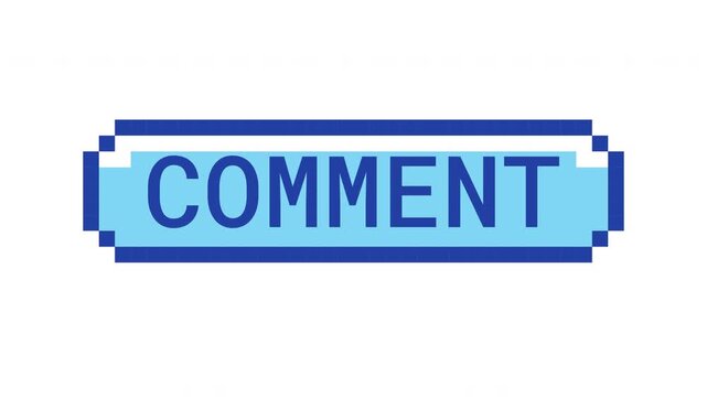 Comment retro pixel button animation. Text reply. Post feedback engagement. User reaction. Online discussion. Animated 8-bit arcade-style CTA overlay. Classic game-inspired UI call-to-action