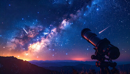 Naklejka premium Stargazing with telescope under a night sky full of stars a silhouette of a telescope pointed 354