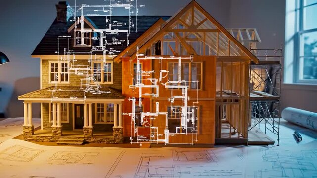 Architectural blueprint house transformation showing finished home and exposed timber framing on drafting table under warm studio light