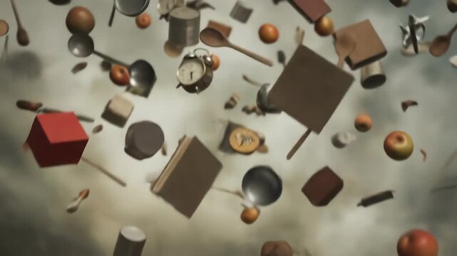 Floating assortment of kitchen utensils, fruits, and books in mid-air, showcasing a dynamic arrangement of objects against a cloudy backdrop