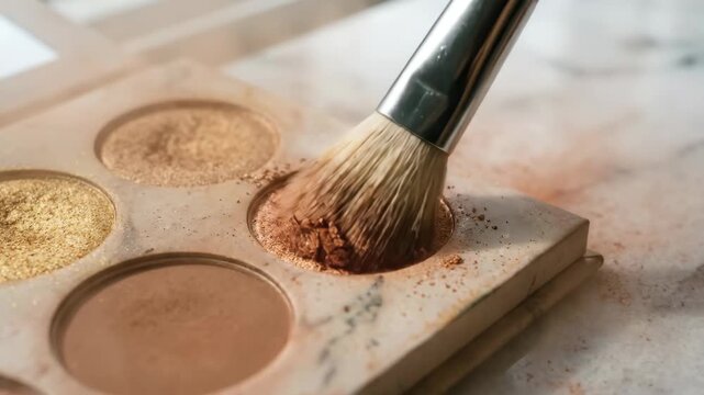 Makeup brush picks up shimmering bronzer powder from a cosmetic palette with four shades, showcasing the application process on a marble surface