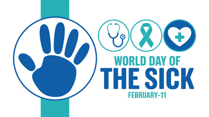 Obraz premium world day of the sick illustration with handprint, medical icons and awareness text highlighting healthcare support, compassion and global health care
