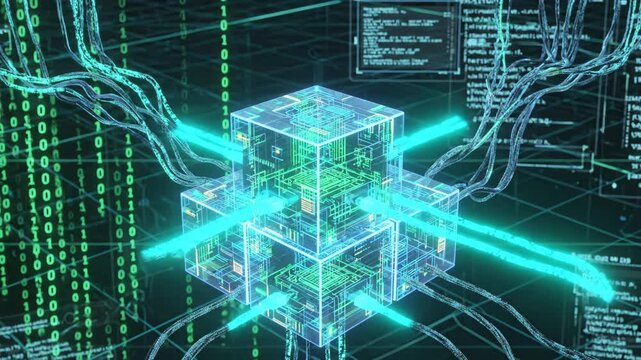 Digital representation of interconnected transparent cubes with circuit patterns and binary code flowing, illustrating data transfer in a futuristic technology environment