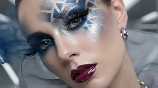 Female model with striking blue and silver makeup poses in a futuristic setting, showcasing intricate facial art and stylish accessories in a modern, illuminated space