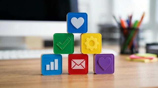Colorful stacking blocks with cloud, checkmark, gear, and heart icons arranged on a wooden desk in a modern workspace with stationery and computer in the background